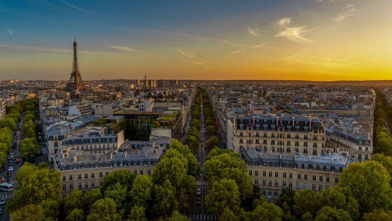 Aerial view of Paris at sunset with Eiffel Tower